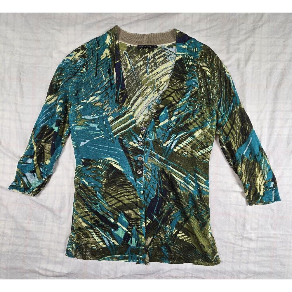 Nic+Zoe Womens Linen Blend Tropical Button Cardigan Sweater 3/4 Sleeve XL